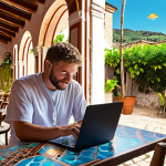 A digital nomad is peacefully working on a laptop in a vibrant, sunlit cafe with a scenic, exotic backdrop (e.g., an ancient Roman street or a lush Mediterranean garden). Surrounding them are subtle, glowing holographic projections of essential technical skills: a robust cybersecurity shield, interconnected cloud servers, and collaborative network symbols. The scene conveys a sense of empowered freedom, high productivity, and secure global connectivity, blending modern technology seamlessly with a rich cultural environment.