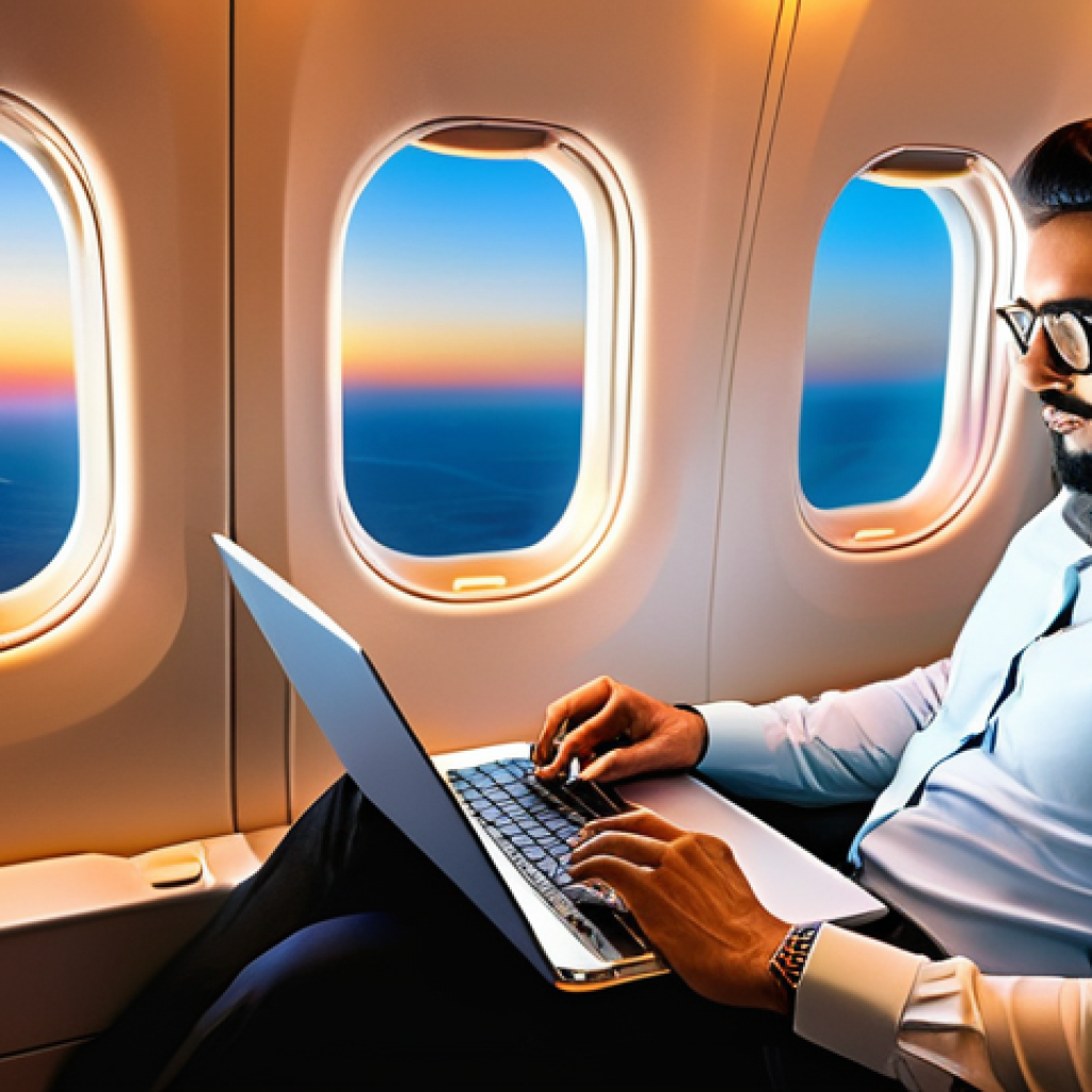 디지털 노마드를 위한 이동 수단 비교 - **A productive digital nomad inside a spacious, modern airplane cabin.** The person, dressed in smar...