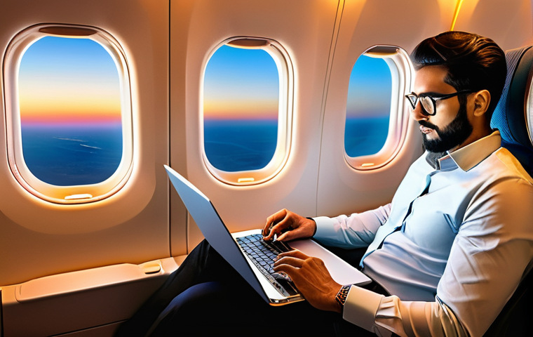 디지털 노마드를 위한 이동 수단 비교 - **A productive digital nomad inside a spacious, modern airplane cabin.** The person, dressed in smar...