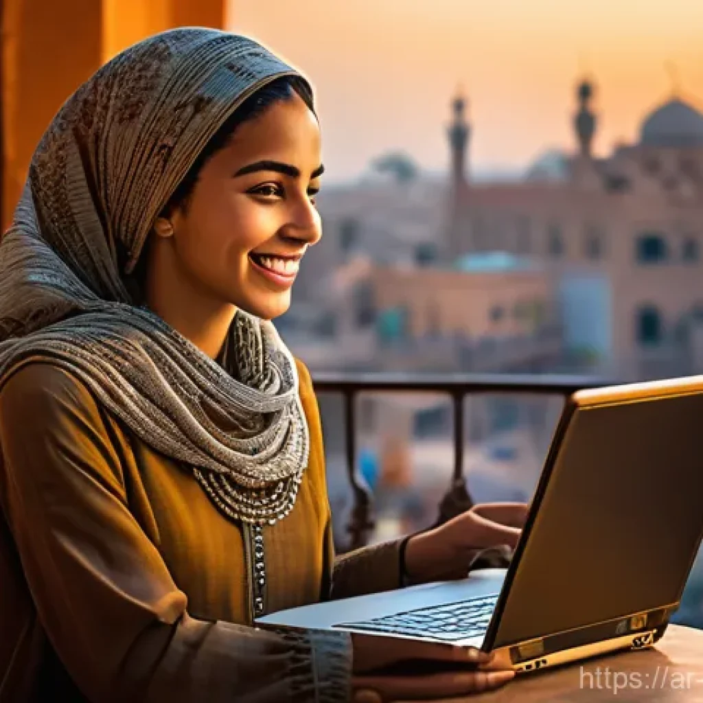 디지털 노마드의 진로 탐색 및 전환 - **Image Prompt 1: Freedom and Cultural Immersion**
    "A smiling young Arab woman, dressed in modes...