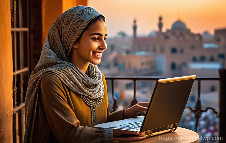 디지털 노마드의 진로 탐색 및 전환 - **Image Prompt 1: Freedom and Cultural Immersion**
    "A smiling young Arab woman, dressed in modes...