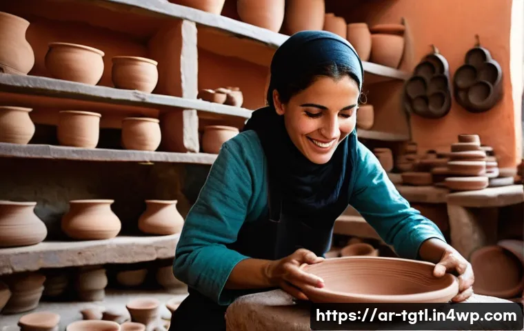 디지털 노마드의 현지 사회와의 관계 - **Prompt 1: Cultural Immersion in a Moroccan Souk Pottery Workshop**
"A vibrant, candid shot cap...