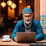 디지털 노마드의 생활의 질 평가 - A digital nomad working on a lightweight laptop in a cozy café in Marrakech, Morocco, surrounded by ...