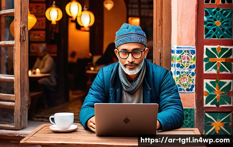 디지털 노마드의 생활의 질 평가 - A digital nomad working on a lightweight laptop in a cozy café in Marrakech, Morocco, surrounded by ...