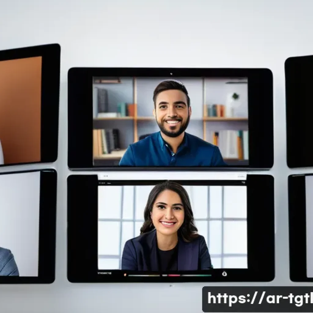 디지털 노마드의 글로벌 네트워크 확장 - A diverse group of digital nomads engaging in a virtual networking event, displayed on multiple comp...