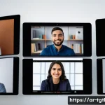 디지털 노마드의 글로벌 네트워크 확장 - A diverse group of digital nomads engaging in a virtual networking event, displayed on multiple comp...