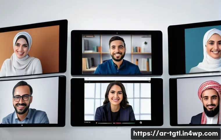 디지털 노마드의 글로벌 네트워크 확장 - A diverse group of digital nomads engaging in a virtual networking event, displayed on multiple comp...