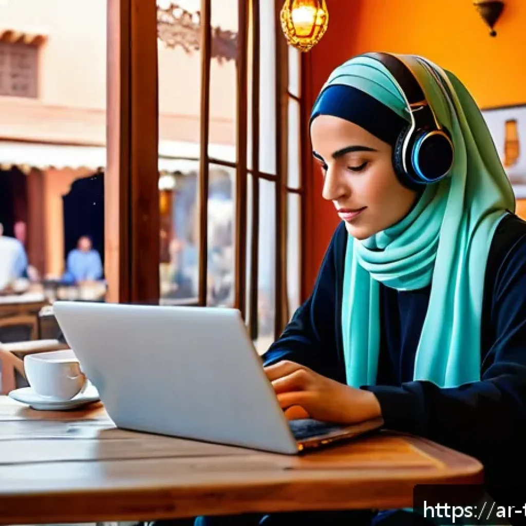 디지털 노마드의 라이프스타일 변화 연구 - A focused Arab digital nomad woman working on a sleek laptop inside a cozy café in Marrakech, Morocc...