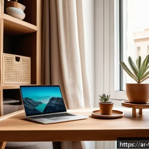 디지털 노마드의 생활 공간 디자인 - A cozy digital nomad workspace in an Arabic-inspired small apartment, featuring a multi-functional f...