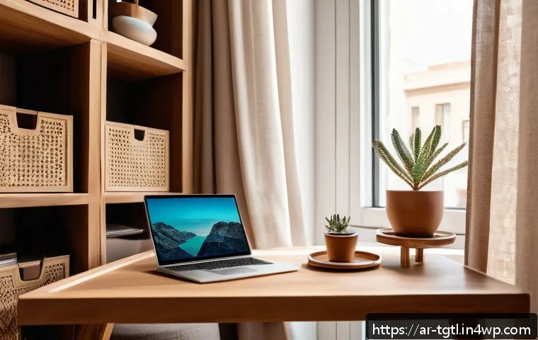 디지털 노마드의 생활 공간 디자인 - A cozy digital nomad workspace in an Arabic-inspired small apartment, featuring a multi-functional f...