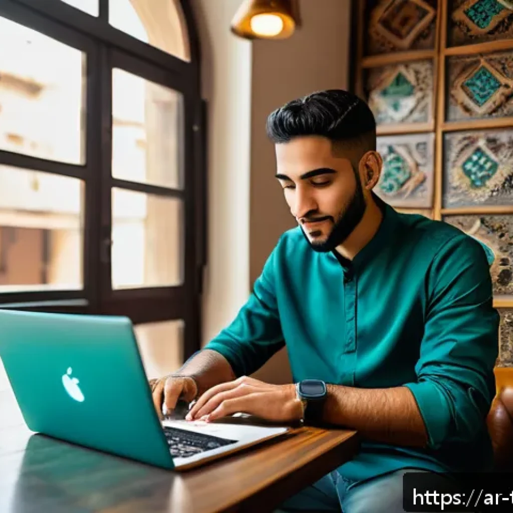 디지털 노마드의 성장과 발전 사례 - A vibrant digital nomad workspace scene set in a stylish café in Cairo, Egypt, showing a young Arab ...
