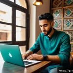 디지털 노마드의 성장과 발전 사례 - A vibrant digital nomad workspace scene set in a stylish café in Cairo, Egypt, showing a young Arab ...