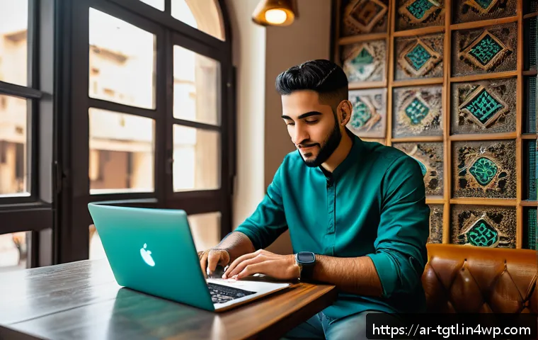 디지털 노마드의 성장과 발전 사례 - A vibrant digital nomad workspace scene set in a stylish café in Cairo, Egypt, showing a young Arab ...