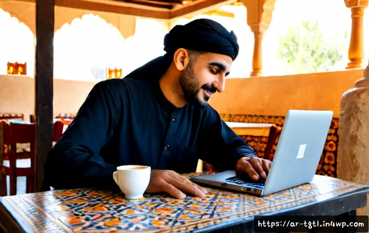 디지털 노마드의 문화적 적응력 평가 - Photorealistic editorial scene of a culturally adaptable digital nomad, a modestly dressed Arab prof...