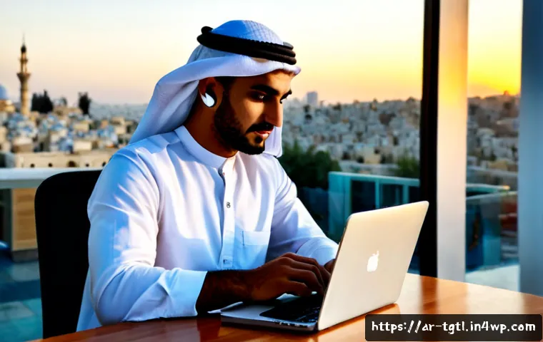 디지털 노마드의 기술 발전에 대한 적응 - Photorealistic Arab digital nomad in modest contemporary clothing working on a laptop in a bright qu...