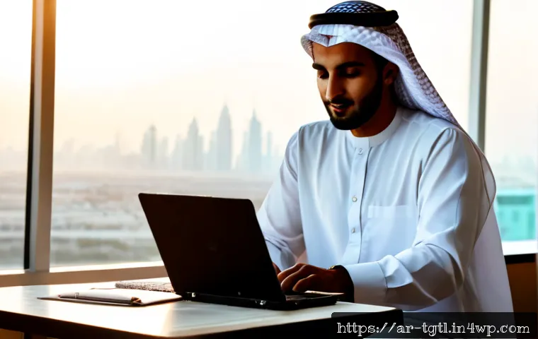 디지털 노마드의 법적 이슈와 해결 방법 - Photorealistic editorial scene of an Arab digital nomad in modest smart-casual clothing working on a...