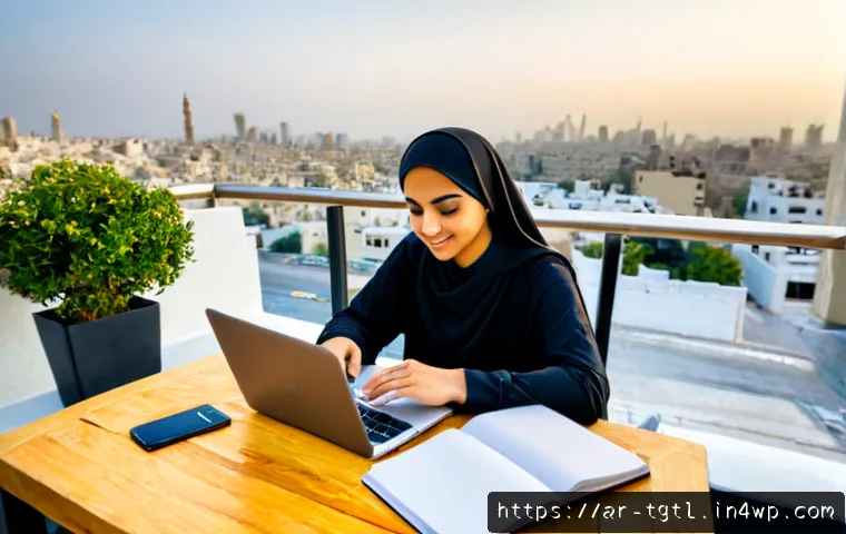 디지털 노마드의 비즈니스 성장 전략 - Photorealistic Arab digital nomad entrepreneur working on a laptop at a sunlit rooftop café overlook...